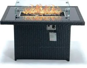 LeisureMod Mace Wicker Patio Modern Black Propane Fire Pit Table 44" with Removable Lid