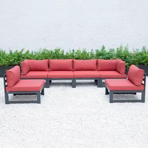 LeisureMod Chelsea 6-Piece Modern Outdoor Patio Sectional Sofa Set with Black Aluminum Frame and Removable Cushions in Red
