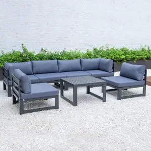 LeisureMod Chelsea 7-Piece Modern Outdoor Patio Sectional Sofa Set and Coffee Table with Black Aluminum Frame and Removable Cushions in Blue