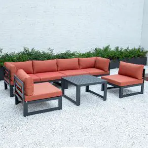 LeisureMod Chelsea 7-Piece Modern Outdoor Patio Sectional Sofa Set and Coffee Table with Black Aluminum Frame and Removable Cushions in Orange