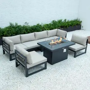 LeisureMod Chelsea 7-Piece Modern Outdoor Patio Sectional Sofa Set With Propane Fire Pit Table with Black Aluminum Frame and Removable Cushions in Beige