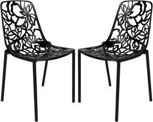 LeisureMod Devon Modern Durable Outdoor Patio Aluminum Dining Chair in Black Set of 2
