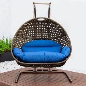 LeisureMod Outdoor Patio Beige Wicker Hanging Double Egg Swing Chair with Blue Cushioning