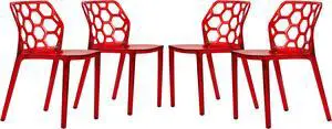 LeisureMod Dynamic Modern Honeycomb Design Stackable Dining Chair in Transparent Red Set of 4