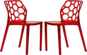 LeisureMod Dynamic Modern Honeycomb Design Stackable Dining Chair in Transparent Red Set of 2
