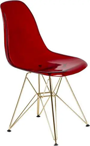 LeisureMod Cresco Modern Eiffel Base Molded Dining Chair with Gold Base Transparent Red