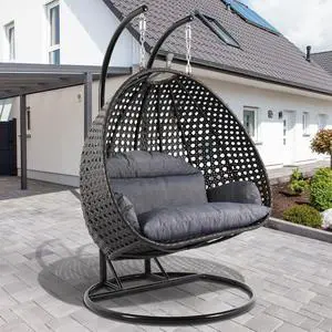 LeisureMod Wicker 2 Person Hanging Egg Swing Chair With Cushion Indoor Outdoor Use in Charcoal Blue