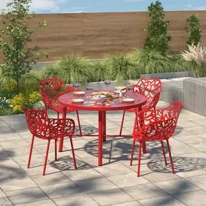 LeisureMod Devon Tree Design Glass Top Aluminum Base Indoor Outdoor Dining Table, Red