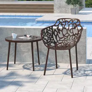 LeisureMod Devon Tree Design Glass Top Aluminum Base Indoor Outdoor End Table, Brown