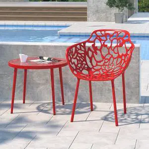 LeisureMod Devon Tree Design Glass Top Aluminum Base Indoor Outdoor End Table, Red