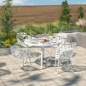 LeisureMod Devon Tree Design Glass Top Aluminum Base Indoor Outdoor Dining Table, White