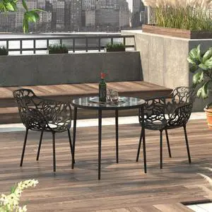 LeisureMod Devon Tree Design Glass Top Aluminum Base Indoor Outdoor Bistro Dining Table, Black