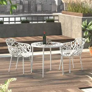 LeisureMod Devon Tree Design Glass Top Aluminum Base Indoor Outdoor Bistro Dining Table, White