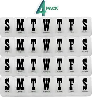 Pill Organizers - Pack of 4 Bold Letter Weekly Pill Planners for 28 Days Total to Separate Supplements, Fish Oils & Vitamins Daily Medication Reminder for Travel & Purse Pill Organizers - Pack of 4 Bold Letter Weekly Pill Planners for 28 Days Total to Separate Supplements, Fish Oils & Vitamins Daily Medication Reminder for Travel & Purse
