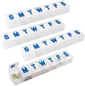 Weekly Pill Organizer - 7-Day Pill Planner Extra Large Pill Planner and Daily Pill Organizer and Medicine Reminder, Monday to Sunday Compartments - BPA Free - Travel Pill Box Case (Pack of 4) Weekly Pill Organizer - 7-Day Pill Planner Extra Large Pill Planner and Daily Pill Organizer and Medicine Reminder, Monday to Sunday Compartments - BPA Free - Travel Pill Box Case (Pack of 4)