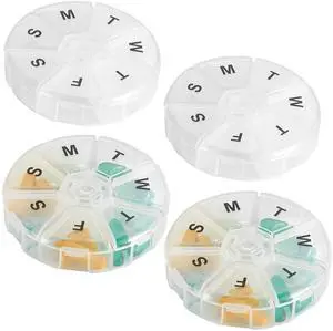 Large Weekly Pill Organizer - (Pack of 4) Daily Pill Cases, Round Pill Organizer 7 Day Container, Medicine Planner, Pill Reminder, BPA-Free for Pills Vitamins, Supplements, and Fish Oils Large Weekly Pill Organizer - (Pack of 4) Daily Pill Cases, Round Pill Organizer 7 Day Container, Medicine Planner, Pill Reminder, BPA-Free for Pills Vitamins, Supplements, and Fish Oils