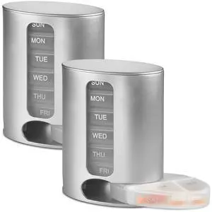 Stackable Daily Pill Organizers - (Pack of 2) Weekly Medication Reminder with 7 Individual Stacking Cases - AM/PM Pill Boxs with 4 Times a Day, a Everyday Medicine Organizer, Silver Stackable Daily Pill Organizers - (Pack of 2) Weekly Medication Reminder with 7 Individual Stacking Cases - AM/PM Pill Boxs with 4 Times a Day, a Everyday Medicine Organizer, Silver