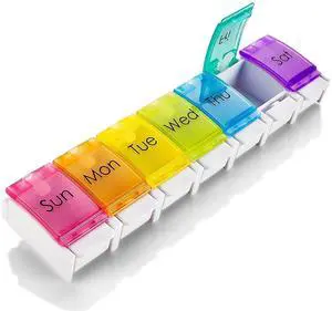 MEDca 7 Day Pill Organizer - Push Button Weekly Pill Box Case with Large Compartments for Medication, Vitamins, Fish Oil and Supplements, BPA Free Plastic, Multi Color MEDca 7 Day Pill Organizer - Push Button Weekly Pill Box Case with Large Compartments for Medication, Vitamins, Fish Oil and Supplements, BPA Free Plastic, Multi Color