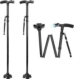 Walking Cane with Led Light - (Pack of 2) Adjustable 37 Inch Folding Canes and Walking Sticks, Collapsible Daily Mobility Canes with Rubber Feet for Men and Women, Black