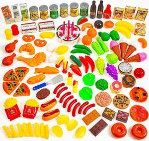 MEDca Kids Play Food Set - 130 Piece Pretend Play Food Collection - Assorted Fake Food Set Includes Fruits Vegetables Snacks Dessert Juices Canned Goods and More for Boys and Girls
