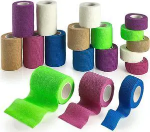 MEDca Self Adhesive Non Woven Cohesive Bandage Combo Pack 1 Inch 2 Inch and 3 inch X 5 Yards 6 of Each Size Total of 18 Rolls 'Rainbow Color"