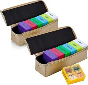 2 Pack, Large Weekly Pill Organizer Boxes in Gold Leather Case - 7 Day Week Pill Planner Organizers & Medication Reminder with 4 Times a Day - Daily Compartments That is Ideal for Travel