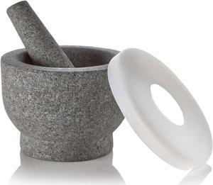 Granite Mortar and Pestle Pill Crusher Set - Easy Grip Non-Slip Stone Muddler & Deep Bowl with Silicone Lid - Grinder for Pills, Tablets, Vitamins or as Molcajete Herb for Salsa Guacamole and More