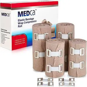 Elastic Compression Bandage Wrap - (Set of 4) with Hooks, Athletic Sport Support Tape Rolls for Ankle, Wrist, Arm, Leg Sprains | Each First Aid Bandages Roll Measures 4 Inch x 5 Feet Elastic Compression Bandage Wrap - (Set of 4) with Hooks, Athletic Sport Support Tape Rolls for Ankle, Wrist, Arm, Leg Sprains | Each First Aid Bandages Roll Measures 4 Inch x 5 Feet