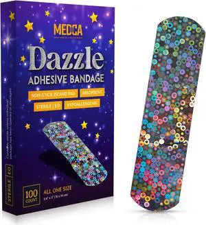 Glitter Bandages for Kids -(100 Count Box) Adhesive Bandage Strips w/Colorful Glitter Design & Latex-Free Individually Wrapped Strips for First Aid, Wound Care, Minor Cuts, Scrapes