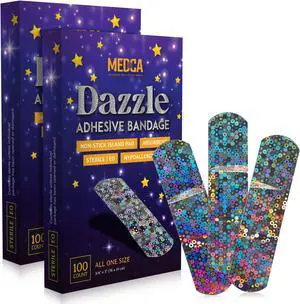 Glitter Bandages for Kids -(200 Count Box) Adhesive Bandage Strips w/Colorful Glitter Design & Latex-Free Individually Wrapped Strips for First Aid, Wound Care, Minor Cuts, Scrapes