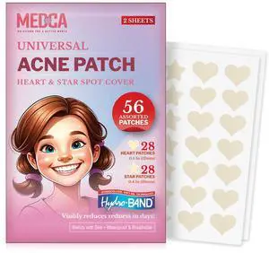 Acne Patch - (Pack of 56) Pimple Spot Treatment Hydrocolloid Bandages Absorbing Zit Cover Dots, Heart And Star Shapes by MEDca Acne Patch - (Pack of 56) Pimple Spot Treatment Hydrocolloid Bandages Absorbing Zit Cover Dots, Heart And Star Shapes by MEDca