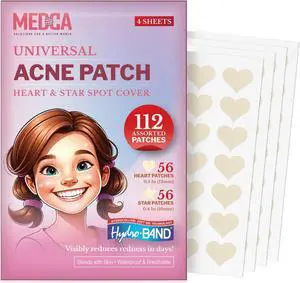 Acne Patch - Pack of 112, Pimple Spot Treatment Hydrocolloid Bandages Absorbing Zit Cover Dots, Heart And Star Shapes by MEDca Acne Patch - Pack of 112, Pimple Spot Treatment Hydrocolloid Bandages Absorbing Zit Cover Dots, Heart And Star Shapes by MEDca