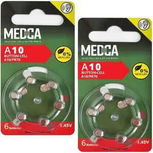 MEDca A10 Batteries - 12 Count Pack - 1.45V Zinc Air Yellow Tab Battery Button Coin Cell Batteries for Hearing Aids and Hearing Amplifiers, 10, P10, PR70, or ZL4 MEDca A10 Batteries - 12 Count Pack - 1.45V Zinc Air Yellow Tab Battery Button Coin Cell Batteries for Hearing Aids and Hearing Amplifiers, 10, P10, PR70, or ZL4