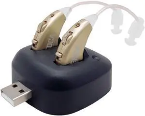 Digital Hearing Amplifiers - Rechargeable BTE Personal Sound Amplifier Pair with USB Dock - Premium Gold Behind the Ear Sound Amplification - By NewEar Digital Hearing Amplifiers - Rechargeable BTE Personal Sound Amplifier Pair with USB Dock - Premium Gold Behind the Ear Sound Amplification - By NewEar