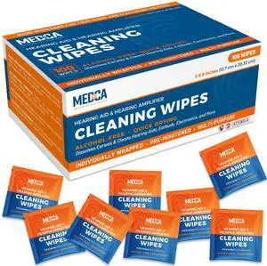 Hearing Aid Cleaning Wipes - 100 Individually Wrapped Pre-Moistened Alcohol-Free Wipes for Hearing Aids, Amplifiers, Earbuds, Audio & Electronics - Portable, Quick-Drying, Gentle, Daily Use & Travel