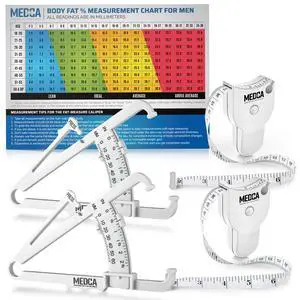 Body Tape Measure and Skinfold Caliper Body Fat Monitor Set - (Pack of 2) - Double Sided Body Tape Measures (150 cm /60 inches) - Skin Fold Body Fat Analyzer and BMI Measurement Tool, White by MEDca