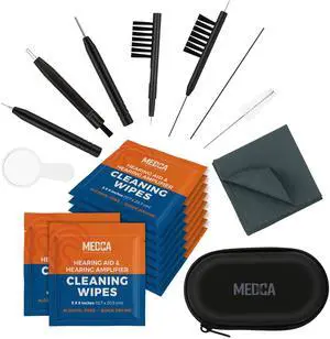 COMPLETE 20 PIECE HEARING AID CLEANING KIT: The MEDca hearing aid cleaning kit includes a screwdriver, tube brush, housing disassembling tool, brushes with wax loops.