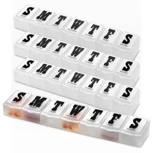Pill Organizers - Pack of 4 Bold Letter Weekly Pill Planners for 28 Days Total to Separate Supplements, Fish Oils & Vitamins Daily Medication Reminder for Travel & Purse Pill Organizers - Pack of 4 Bold Letter Weekly Pill Planners for 28 Days Total to Separate Supplements, Fish Oils & Vitamins Daily Medication Reminder for Travel & Purse