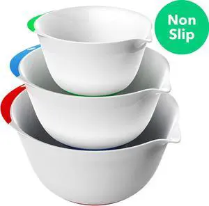 Vremi 3 Piece Plastic Mixing Bowl Set - Nesting Mixing Bowls with Rubber Grip