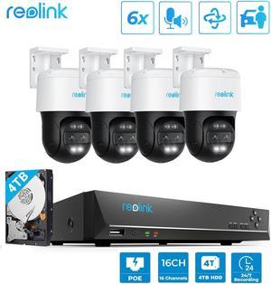 REOLINK 16CH 4K PTZ Security System, 4pcs Trackmix PoE, IP PoE Outdoor Cameras 6X Hybrid Zoom, Auto Tracking, Human/Vehicle/Pet Detection +1pc RLN16-410 8CH NVR with Built-in 4TB HDD H.265