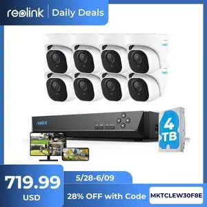 Reolink 4K Security Camera System, 8pcs H.265 4K PoE Security Cameras Wired with Basic Person Vehicle Detection, 8MP/4K 16CH NVR with 4TB HDD for 24-7 Recording - RLK16-800D8 Reolink 4K Security Camera System, 8pcs H.265 4K PoE Security Cameras Wired with Basic Person Vehicle Detection, 8MP/4K 16CH NVR with 4TB HDD for 24-7 Recording - RLK16-800D8