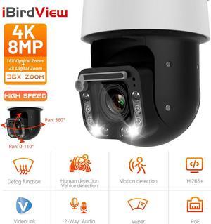 iBirdView  4K  8MP High Speed Dual Hybrid Light Human Tracking , Vehice Tracking Built-in Mic  Security PTZ  Camera  POE 36x Zoom O-vif IR  IP66 Hikvision Compatible  APP:VideoLink