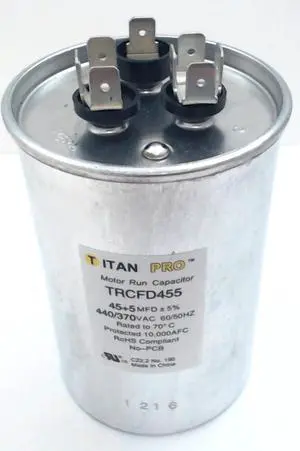 Packard Titan Pro Run Capacitor, Round, 45+5 Mfd, 440-370V, TRCFD455