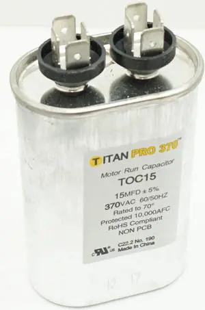 Packard Titan Pro 370 Motor Run Capacitor, Oval, 15 Mfd, 370 Volt, 15-370, TOC15