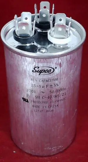 Dual Run Capacitor, Round, 25 + 5 Mfd., 370 Volt, CD25+5X370R