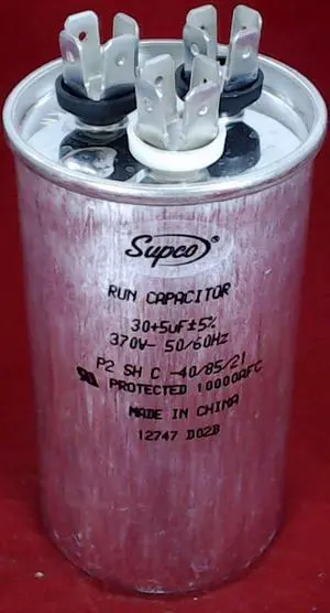 Dual Run Capacitor, Round, 30 + 5 Mfd., 370 Volt, CD30+5X370R