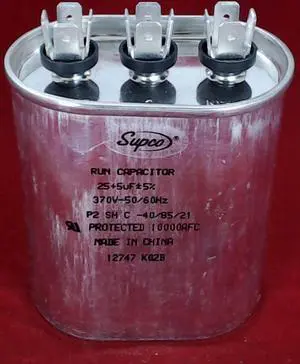 Dual Run Capacitor, Oval, 25 + 5 Mfd., 370 Volt, CD25+5X370