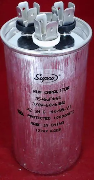 Dual Run Capacitor, Round, 35 + 5 Mfd., 370 Volt, CD35+5X370R