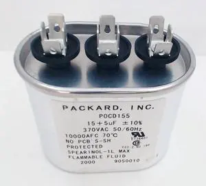 Packard Dual Run Capacitor, Oval, 15+5 Mfd., 370 Volt, POCD155, 15/5-370