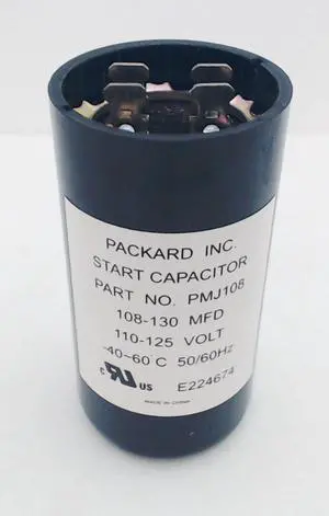 Packard Start Capacitor, Round, 108-130 Mfd., 110-125 Volt, PMJ108-1, 108-125